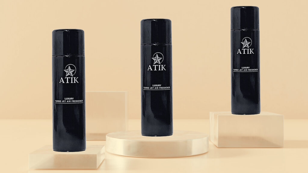 Atik aerosols three bottles on the display banner